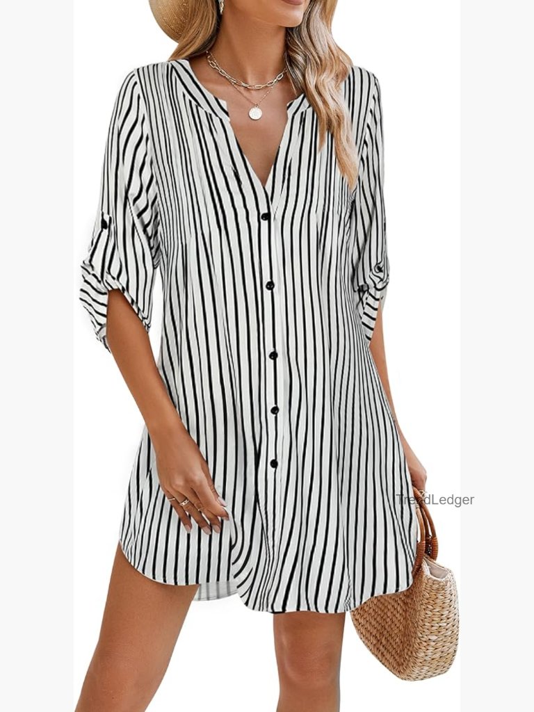 V Neck Button Down Swimsuit Coverup Beach Dress Tie Half Sleeve Pleated Side